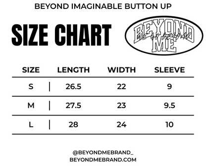 Size chart for 'Beyond Imaginable Button Up' with Beyond Me brand logo.